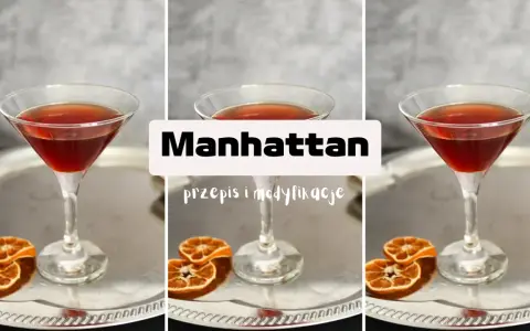 Manhattan na słodkim czy na wytrawnym wermucie? Trzy kieliszki z bursztynowym drinkiem i suszone pomarańcze na srebrnej tacy.