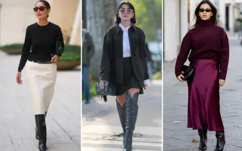 Tre donne sfoggiano un outfit gonna e stivali alti: uno con gonna bianca e stivali neri, uno con gonna verde e stivali texani, e uno con gonna di raso bordeaux e stivali scuri.