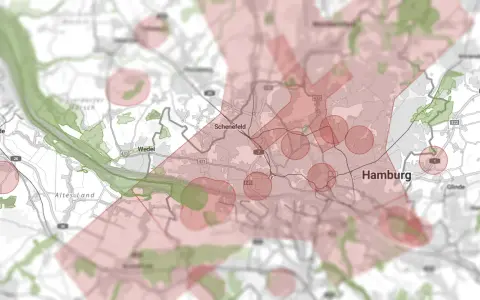Karte von Hamburg und Umgebung mit roten Kreisen und Kreuzen, die Gebiete markieren. Ich darf mit meinem UAS hier fliegen.