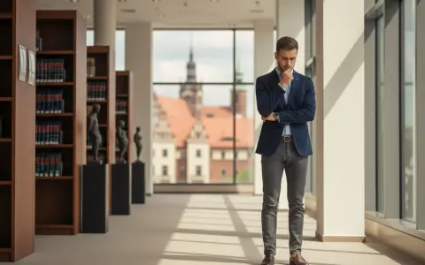 Młody mężczyzna w garniturze rozmyśla w bibliotece, gdzie panuje atmosfera sprzyjająca studiom prawniczym.