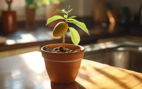 Jeune plant de manguier en pot, avec un petit fruit encore attaché au noyau de mangue, baigné de lumière.