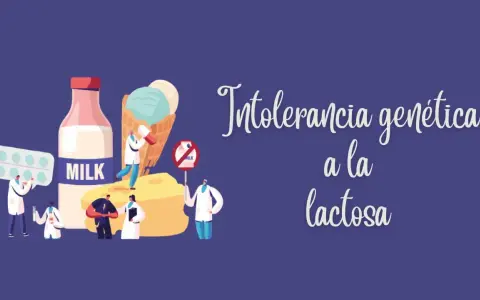 Ilustración que muestra que la intolerancia a la lactosa es hereditaria, con médicos y productos lácteos.