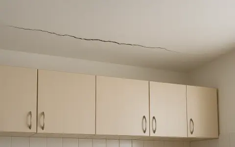 Pęknięcie na suficie nad szafkami kuchennymi.