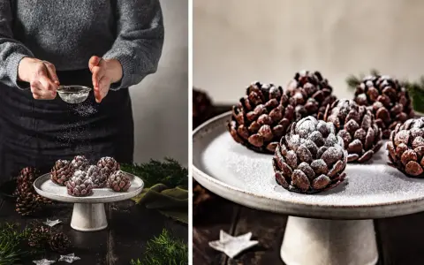 Schokoladen-Tannenzapfen-Kekse werden mit Puderzucker bestäubt. Ein festlicher Genuss, der an Tannenzapfen backen erinnert.