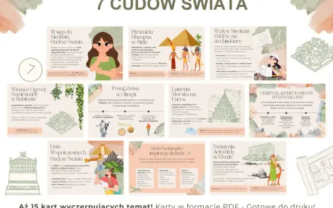 Ilustracja przedstawia kolaż grafik i tekstu o 7 cudach świata, w tym piramid, posągów i świątyń.