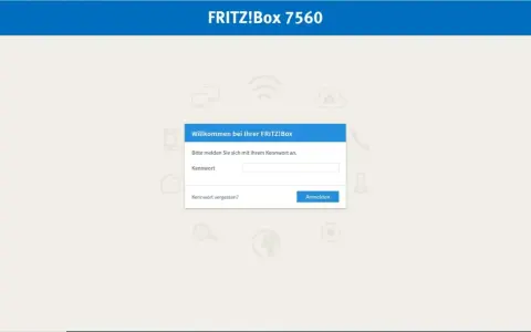 FRITZ!Box 7560 Login-Seite. Hier finden Sie Antworten auf häufige Fragen (FRITZ!Box FAQ) und können sich mit Ihrem Kennwort anmelden.