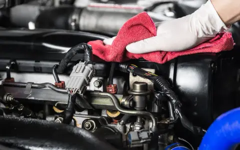 Mano enguantada realiza limpieza de piezas mecánicas de motor con paño rojo.