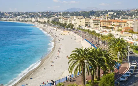 Spiaggia di Nizza, un luogo ideale per pensare a come trovare lavoro all'estero, con palme e mare azzurro.
