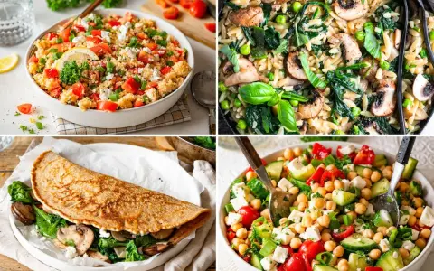 Vier leckere, einfache gesunde gerichte: Couscous-Salat, Orzo-Pfanne mit Pilzen, gefüllter Crêpe und Kichererbsen-Salat.