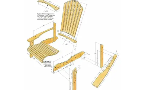 Detaljerad adirondackstol ritning med mått. Perfekt för dig som vill bygga en egen stol.