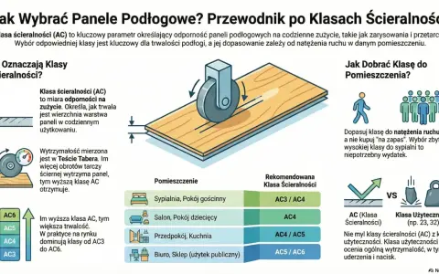 Wybierając panele, zwróć uwagę na klasy ścieralności (AC). Wyższa klasa AC oznacza większą trwałość podłogi w codziennym użytkowaniu.