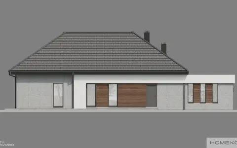 Nowoczesny dom z szarym dachem i betonową elewacją, ozdobiony drewnianymi panelami. To jedna z wielu inspirujących realizacji homekoncept 26.