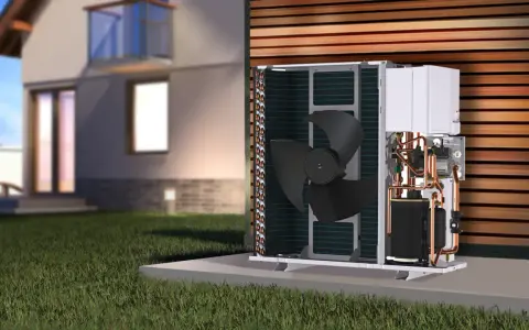 Unidad exterior de bomba de calor por absorción a gas, con componentes internos visibles, junto a una casa moderna.