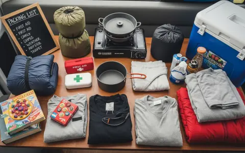 Packliste Zelten: Schlafsäcke, Kocher, Kühltruhe, Kleidung, Erste Hilfe und Spiele für ein Abenteuer.