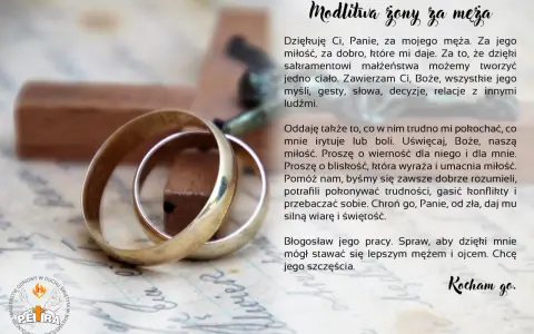 Dwie obrączki ślubne na tle krzyża i tekstu modlitwy. Modlitwa żony za męża o miłość, wierność i szczęście.