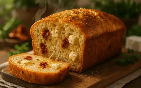 Un pain moelleux aux tomates séchées et feta, encore chaud, avec une tranche coupée révélant ses trésors fondants.