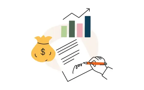 En påse pengar, ett diagram som visar tillväxt och en hand som skriver på ett dokument. Allt pekar mot en stabil budget för brf.