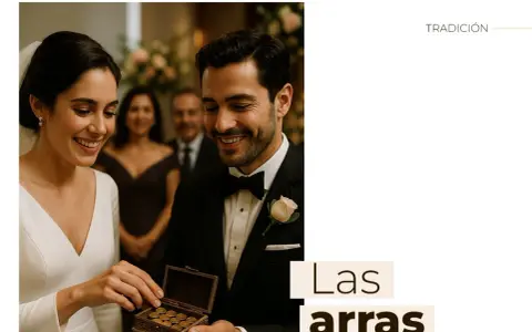 Novios sonríen mientras intercambian las arras en una boda mexicana.