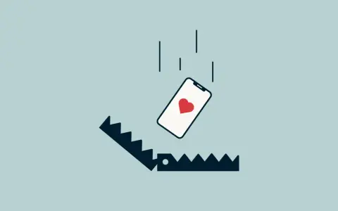 Telefon z sercem spada w pułapkę. Ilustracja symbolizuje rzeczy, o których kłamiemy na portalach randkowych, by zwabić ofiarę.