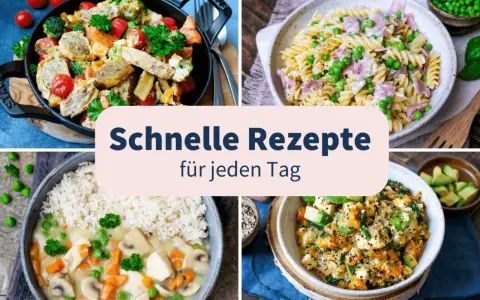 Vier bunte Gerichte: Gemüsepfanne, Nudeln mit Erbsen, Hähnchen mit Reis und Quinoa-Bowl. Perfekt für leichte Sommergerichte, die schnell zubereitet sind.