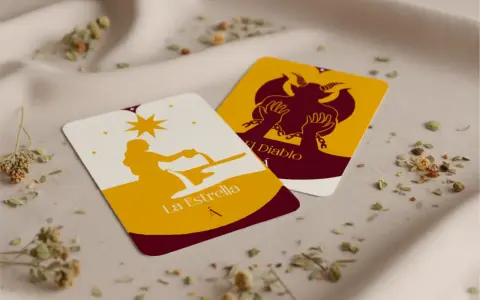 Tarot de La Estrella y El Diablo, con siluetas doradas sobre fondo blanco y amarillo.