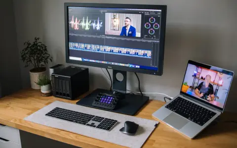Stacja do edycji wideo z monitorem BenQ, laptopem, klawiaturą i kontrolerem. Na ekranie widać oś czasu i wykresy, co sugeruje pracę nad parametrami monitora.