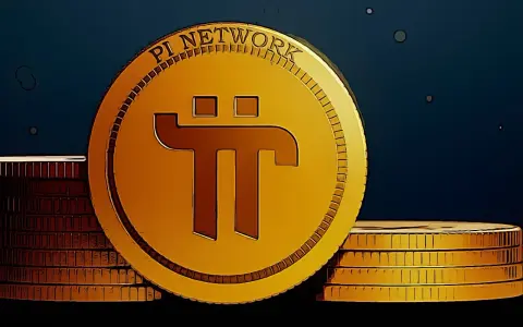 Złota moneta z symbolem Pi Network, obok stosów monet. Kryptowaluta Pi Network w centrum uwagi.
