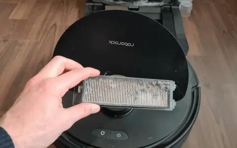 Hand hält einen stark verschmutzten Staubfilter eines Roborock Saugroboters, bereit für die Reinigung.