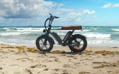 Schwarzes E-Bike am Strand. Die Frage "wieviel Watt sollte ein E-Bike haben?" beschäftigt viele. Dieses Modell ist bereit für Abenteuer.