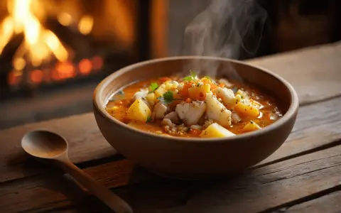 Un reconfortante plato de patatas con bacalao humeante, servido en un cuenco de madera junto a una chimenea crepitante.