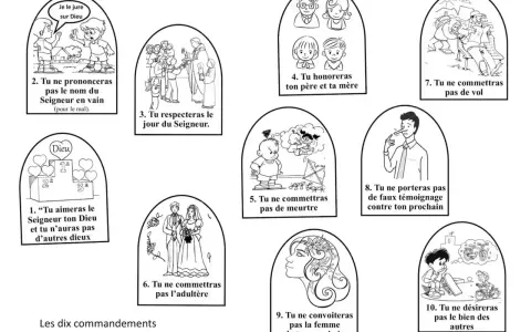 Ilustracje przedstawiające dziesięć przykazań w formie rysunków.