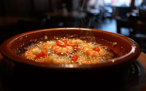 Gambas al ajillo burbujeantes en cazuela de barro, con guindillas rojas y vapor ascendiendo.