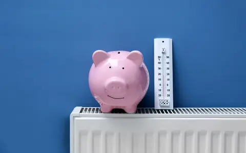 Tirelire rose sur un radiateur blanc, à côté d'un thermomètre. Pensez à l'entretien chaudière déductible impôts pour faire des économies.