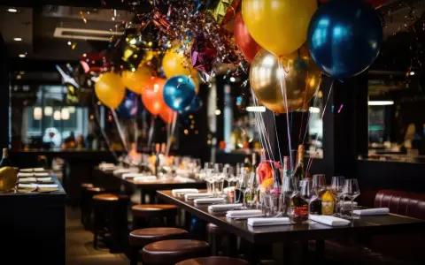 Balony i konfetti ozdabiają stoliki w lokalu, gotowe na 40. urodziny. Zastanawiasz się, ile dać na 40 urodziny w lokalu?