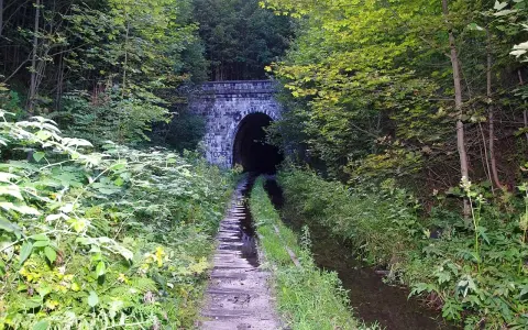 Kamienna, kameralna brama do mrocznego tunelu kolejowego w Kowarach, otoczona bujną zielenią.