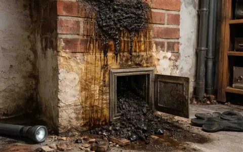Schwarzer, klebriger Ruß tropft aus einem Kamin. Die Versottung des Kamins ist deutlich sichtbar, mit einer Klappe, die offen steht und noch mehr Ruß freigibt.