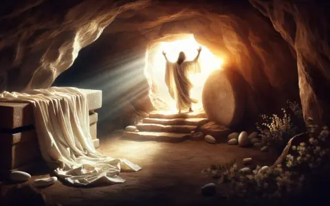 The resurrection of Jesus is depicted as a figure in white emerges from a tomb, arms raised to the light. An empty burial shroud lies on a stone slab.