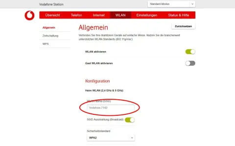 Hier siehst du, wo du den Netzwerknamen (SSID) für dein Heim-WLAN findest: "Vodafone-714D".