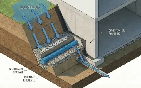 Sistema de drenaje de muros que intercepta el agua de lluvia y la dirige lejos de la cimentación protegida, asegurando un drenaje eficiente.