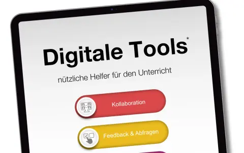 Digitale Tools für den Unterricht: Kollaboration und Feedback & Abfragen werden auf einem Tablet angezeigt.