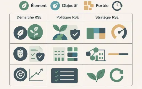 Tableau illustrant les éléments, objectifs et portée de la démarche, politique et stratégie RSE. La pérennité def est symbolisée par des icônes de croissance et de cycle.
