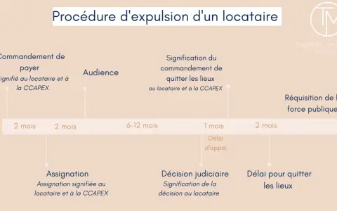 Chronologie d'une procédure d'expulsion : commandement de payer, audience, décision judiciaire, réquisition de la force publique.