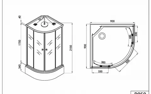 Rysunek techniczny narożnego prysznica z podanymi wymiarami: wysokość 2150 mm, szerokość 900 mm.