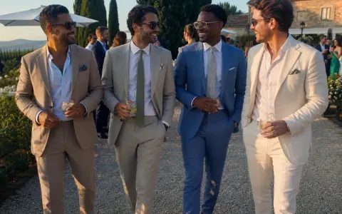 Four stylish men in suits and chinos walk together at a wedding, holding drinks and smiling.