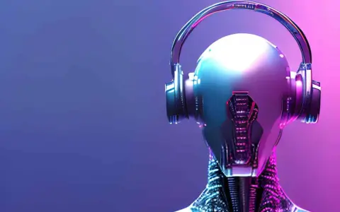 Sztuczna inteligencja słucha muzyki. Futurystyczny robot w słuchawkach, oświetlony neonowym blaskiem.