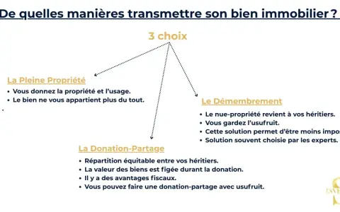 Schéma présentant 3 options pour transmettre un bien immobilier : pleine propriété, donation-partage et démembrement. Le démembrement permet de garder l'usufruit.