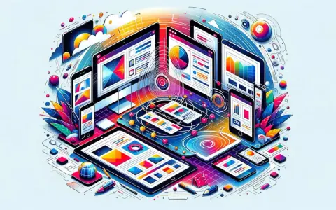 Kolorowa wizualizacja urządzeń (komputery, tablety, telefony) z elementami interfejsu, symbolizująca **adaptive web design**.