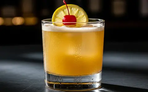 En sval amaretto sour med citronskiva och körsbär, perfekt för en avslappnad kväll.