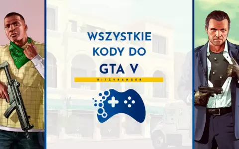 Postać z GTA V z bronią, obok napis "Wszystkie kody do GTA V PC".