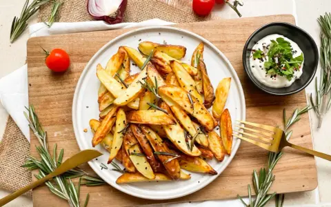 Knusprige rosmarinkartoffeln aus dem Airfryer, garniert mit frischem Rosmarin und Sesam. Dazu ein Dip.